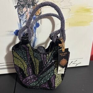 From India to you black with purple beaded shoulder bag